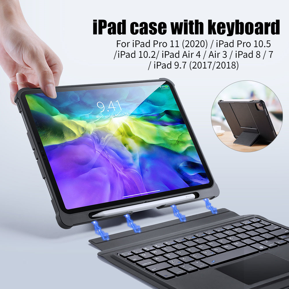 Bàn phím bluetooth với bàn di chuột, ốp từ tính cho ipad pro 11 / ipad pro 10.5 /ipad 10.2/ ipad air 4 / air 3 / ipad 8 / 7 / ipad 9.7 có bàn di chuột ốp bảo vệ toàn bộ tpu mềm có thể tháo rời