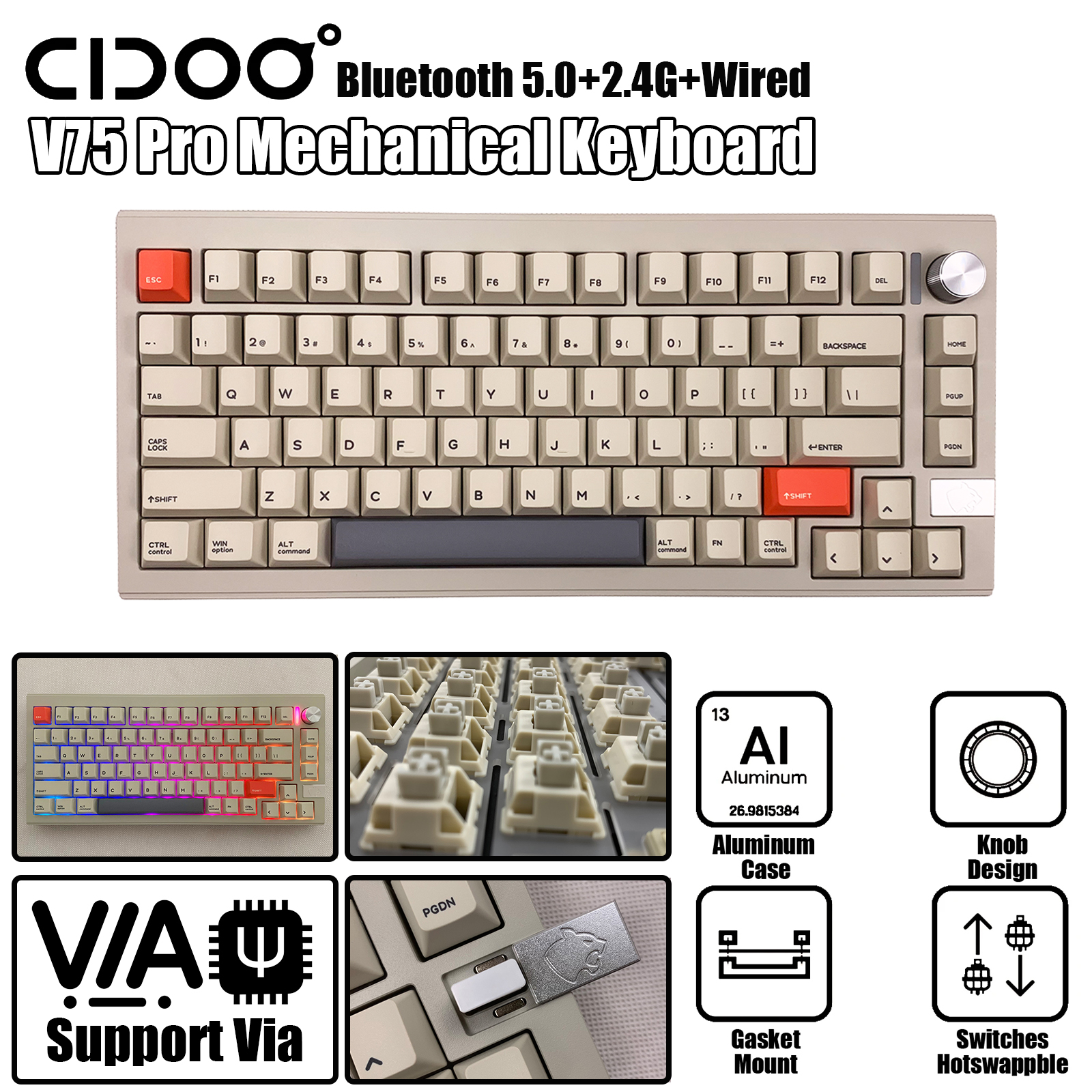 Cidoo V75 Bàn Phím Cơ 81 phím Gasket tri-chế độ Bluetooth/2.4GHz/USB-C không dây có dây nhôm CNC RGB hot swappable tùy chỉnh Bàn phím hỗ trợ thông qua