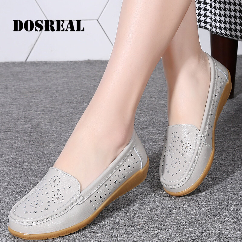 DOSREAL Black Shoes For Women Spring Summer Genuine Leather Women Loafers Breathable Cut-Out Ladies flat shoes Mother Shoes Big Size 35-44 ราคา 456 บาท*ส่งฟรี