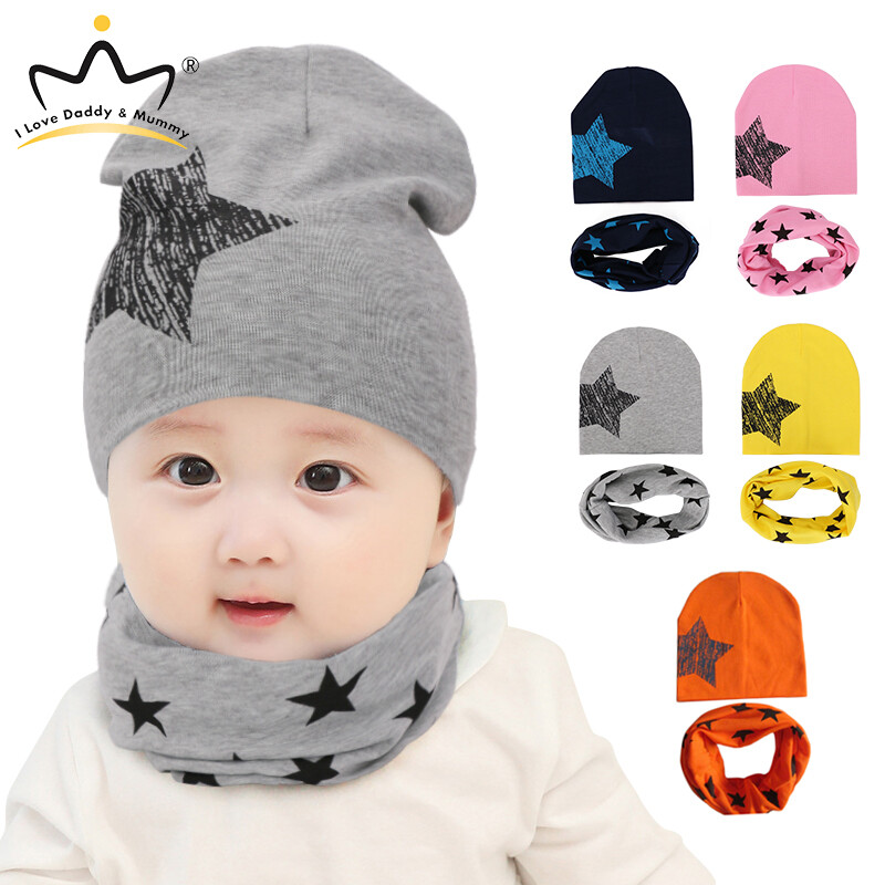 Mũ trẻ em mùa xuân ấm áp với khăn quàng mũ trẻ em bằng cotton cho trẻ sơ sinh trẻ tập đi khăn quàng cổ in hình ngôi sao bộ mũ nam nữ