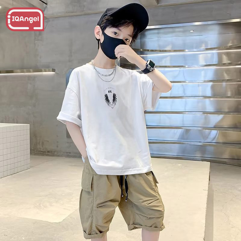IQANGEL Boy's crewneck T-shirt fashion short sleeve cartoon loose top literary short sleeve ราคา  149 บาท*ส่งฟรี