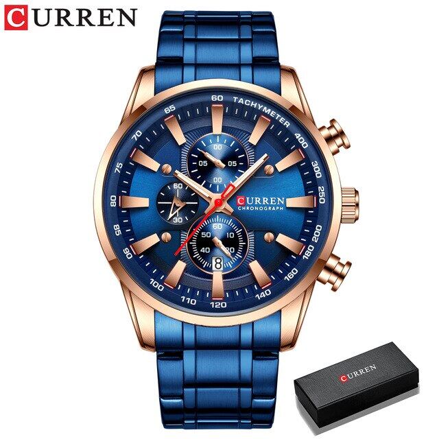 Men Watch Fashion Brand Quartz Sports Wristwatch Date Chronograph Clock Watches Stainless Stee Waterproof Black Gold 8351