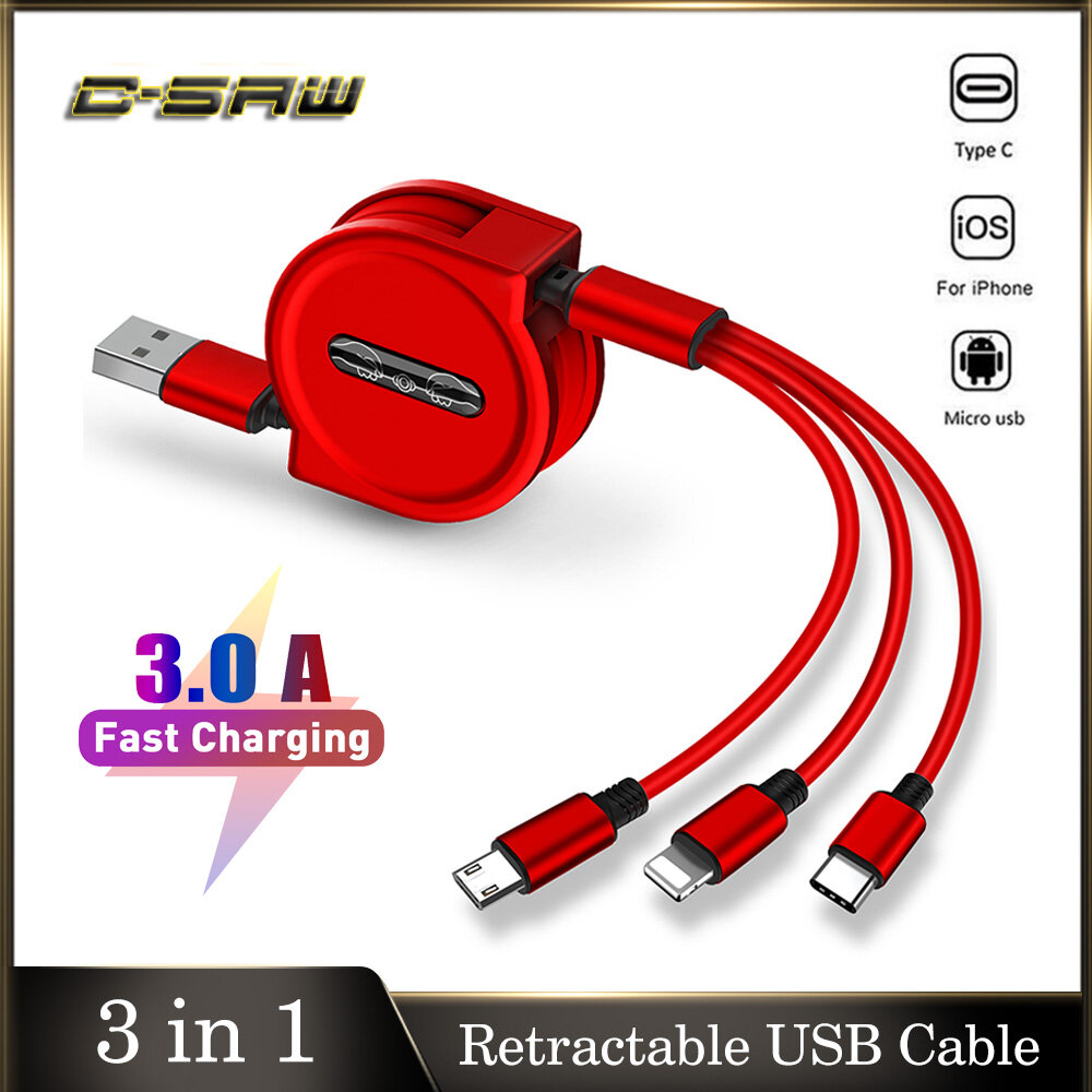 Cáp Sạc Nhanh USB C-SAW 1.2M 3 Trong 1 3A, Cáp Sạc Nhanh Cho iPhone & Micro USB & USB C, Cáp Sạc Di Động Có Thể Thu Vào Cho iPhone 12 11 Pro X XS 8 7 6 5 Samsung S10 S9 s8 Note10 Huawei Mate 20 Xiaomi OPPO VIVO