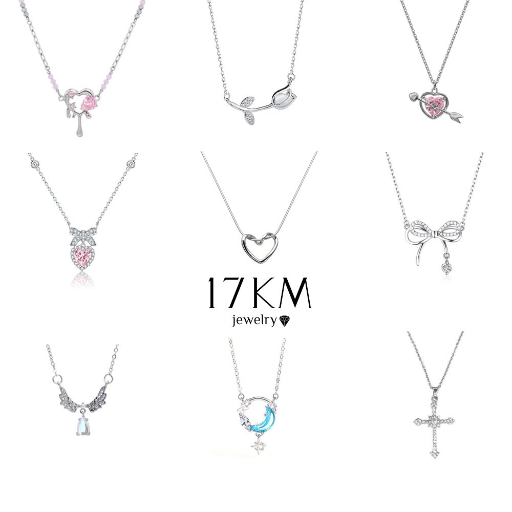 17KM Tulip Wing Heart Bow Pendant Necklace Pink Crystal Gem Zircon Chain Choker for Women Jewelry Accessories