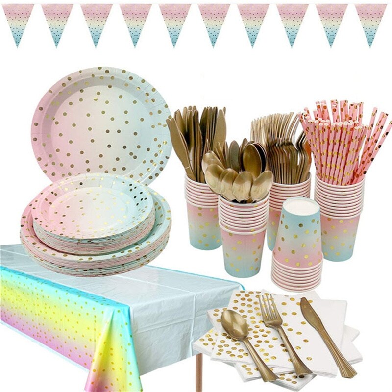 [NEW] Party Disposable Tableware Rainbow Disposable Plate Cup Kids Baby Shower Adult Birthday Wedding Bachelorette Party Decoration