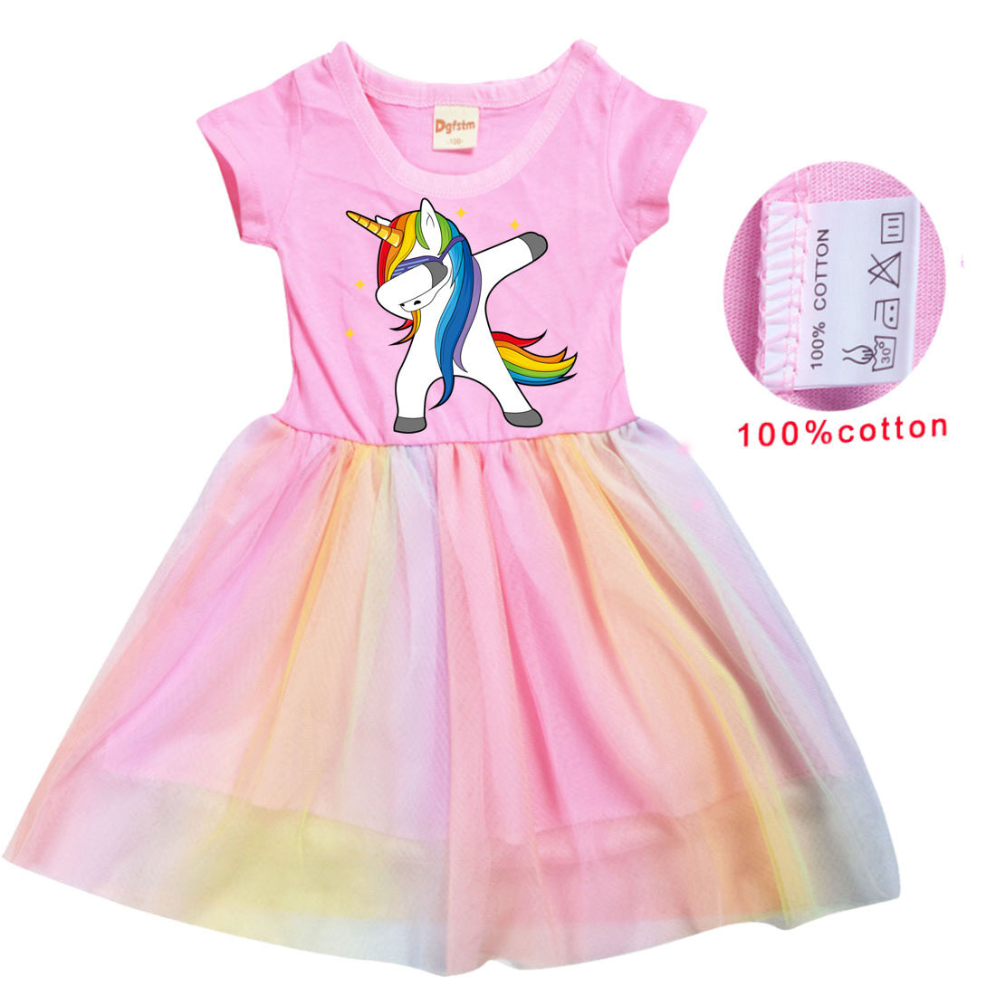Rainbow Unicorn Girls Gauze Dress Kids Pure Cotton Casual Cartoon Mesh Dress 7229 Summer Short Sleeve Princess Flounced Dress