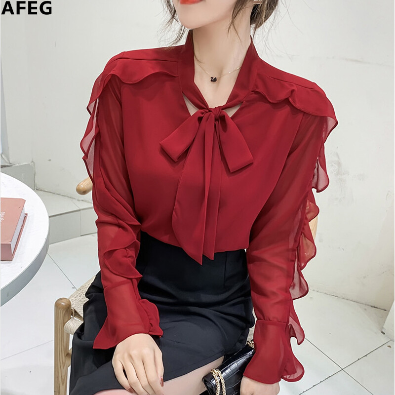 AFEG Rắn Màu Sắc Nơ Cổ Chữ V Phiên Bản Hàn Quốc Mới, Áo Cánh Voan Dài Tay Mỏng Và Hợp Thời Trang Đối Với Phụ Nữ