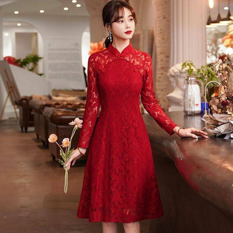 Sườn xám mùa thu ngoại cỡ thời trang đầm nhỏ hàng ngày kiểu pháp hepburn đầm sườn xám mỏng cải tiến khí chất cao cấp cho nữ