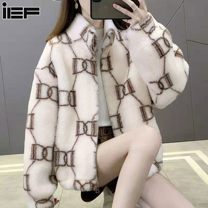 Ief áo khoác lông cừu nữ áo khoác ngoài áo khoác len cừu có mũ dáng rộng áo khoác nữ