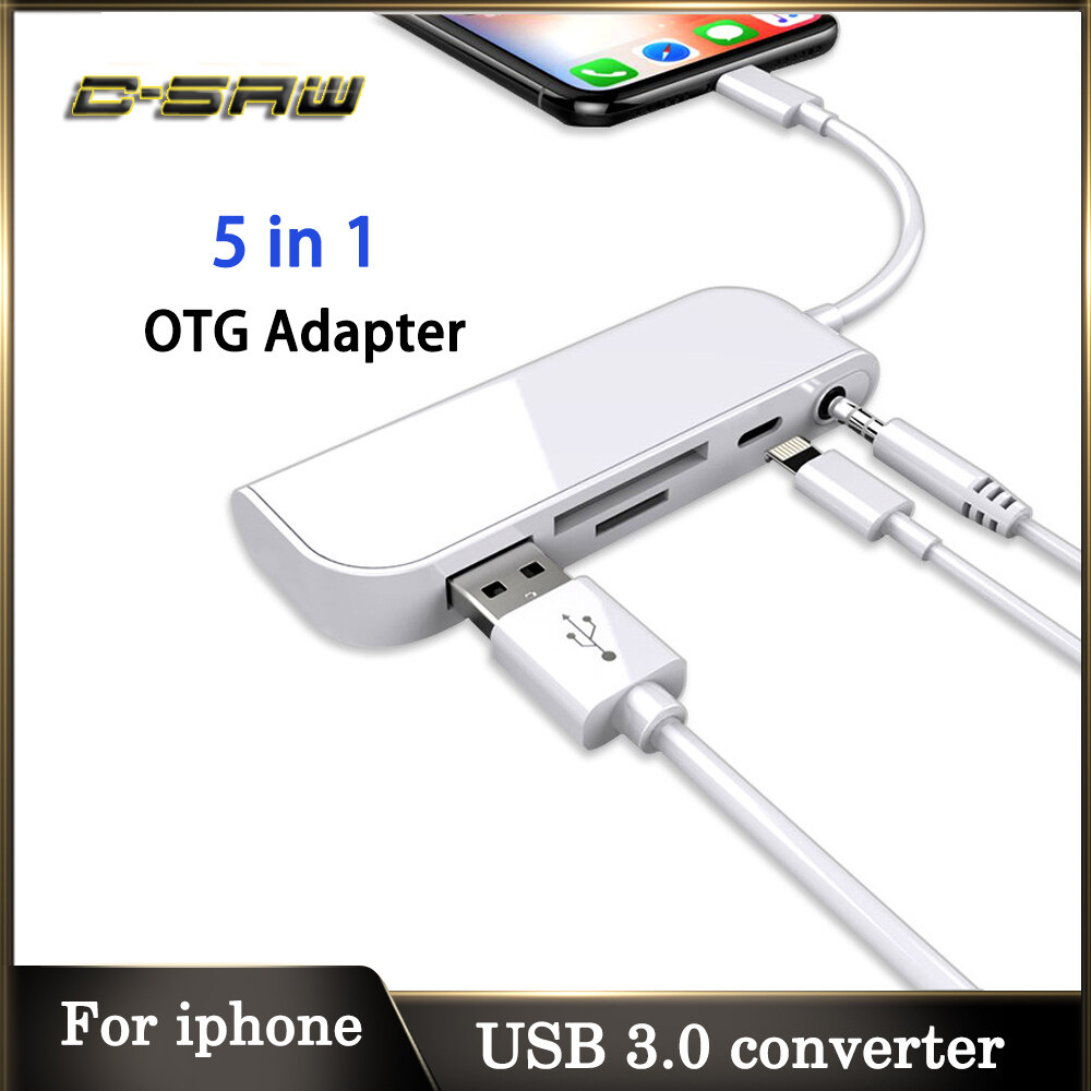 C-SAW Bộ Chuyển Đổi 5 Trong 1 Lightning Sang USB OTG, Bộ Đầu Đọc Máy In Thẻ SD/TF Cáp OTG Cho iPhone 12 11 X XS 8/7 iPad USB 3.0