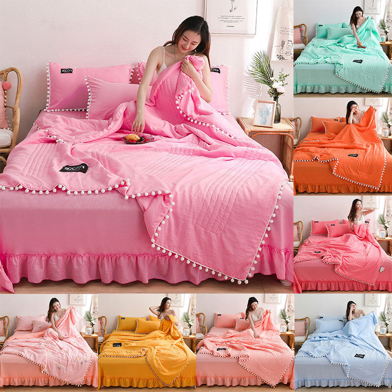 Chăn mỏng mùa hè cotton đã giặt chăn điều hòa màu trơn cỡ queen king đôi kèm đồ trang trí