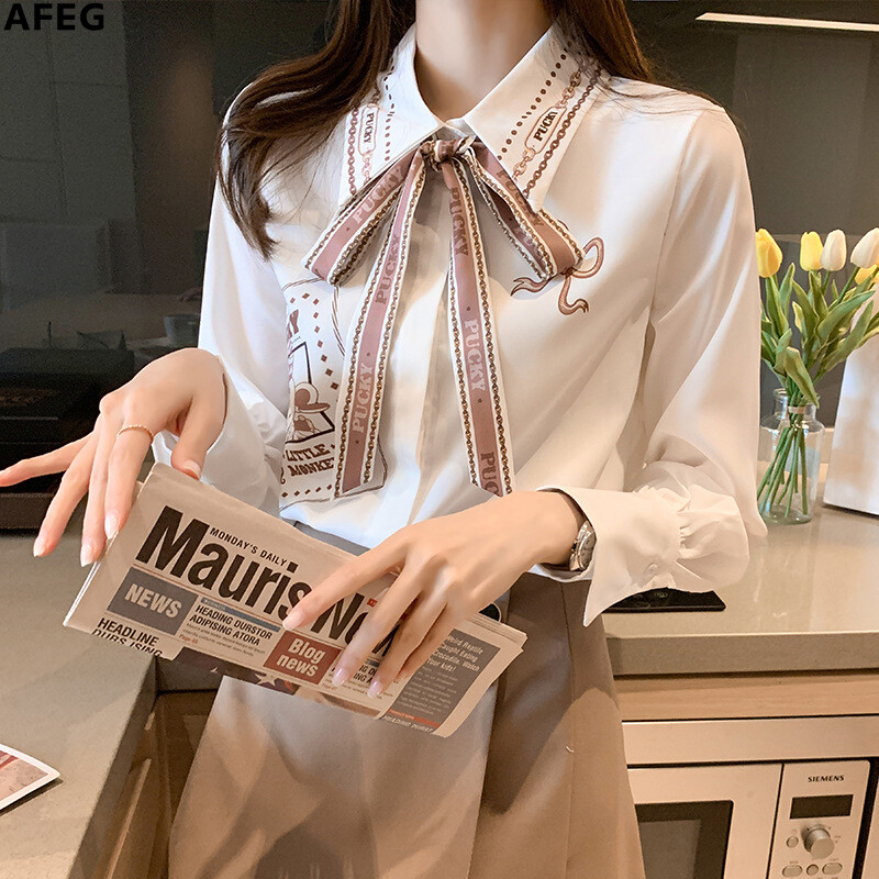 AFEG Cổ Áo Sơ Mi Hàn Quốc Mới Áo Cánh Dài Tay Vải Voan In Họa Tiết Phù Hợp Thời Trang Thắt Nơ Đối Với Phụ Nữ