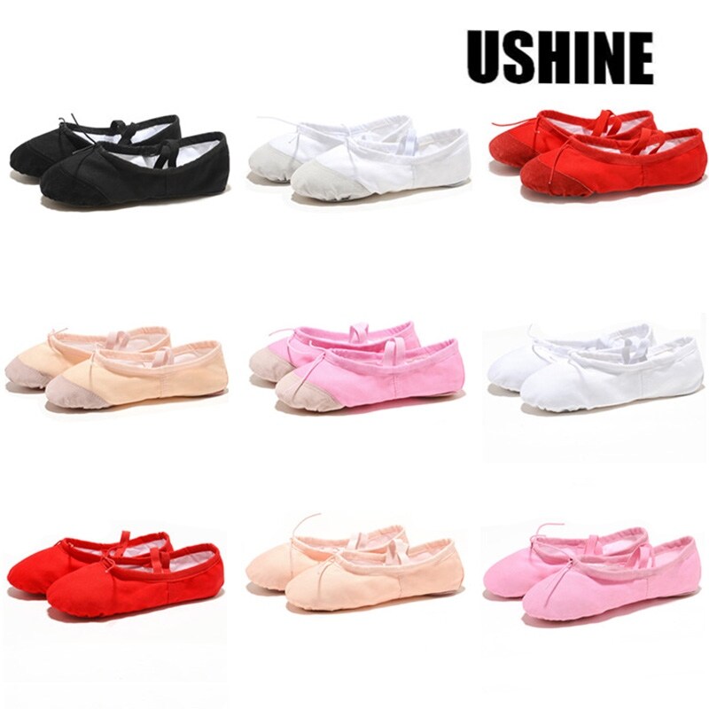 [Hot] USHINE Cloth/Leather Head Red Black Pink Yoga Gym Teacher Flat Canvas Ballet Dance Shoes Kids Children Women Ballerina