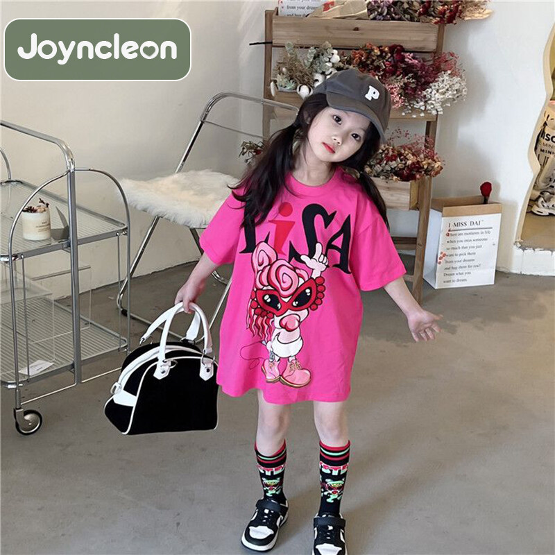 JoynCleon Cotton children's baby girl cartoon print short-sleeved mid-length T-shirt dress ราคา 156 บาท*ส่งฟรี