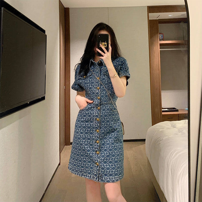 Đầm denim cổ polo kiểu pháp hương thơm nhỏ đầm denim một mảnh thời trang mùa hè