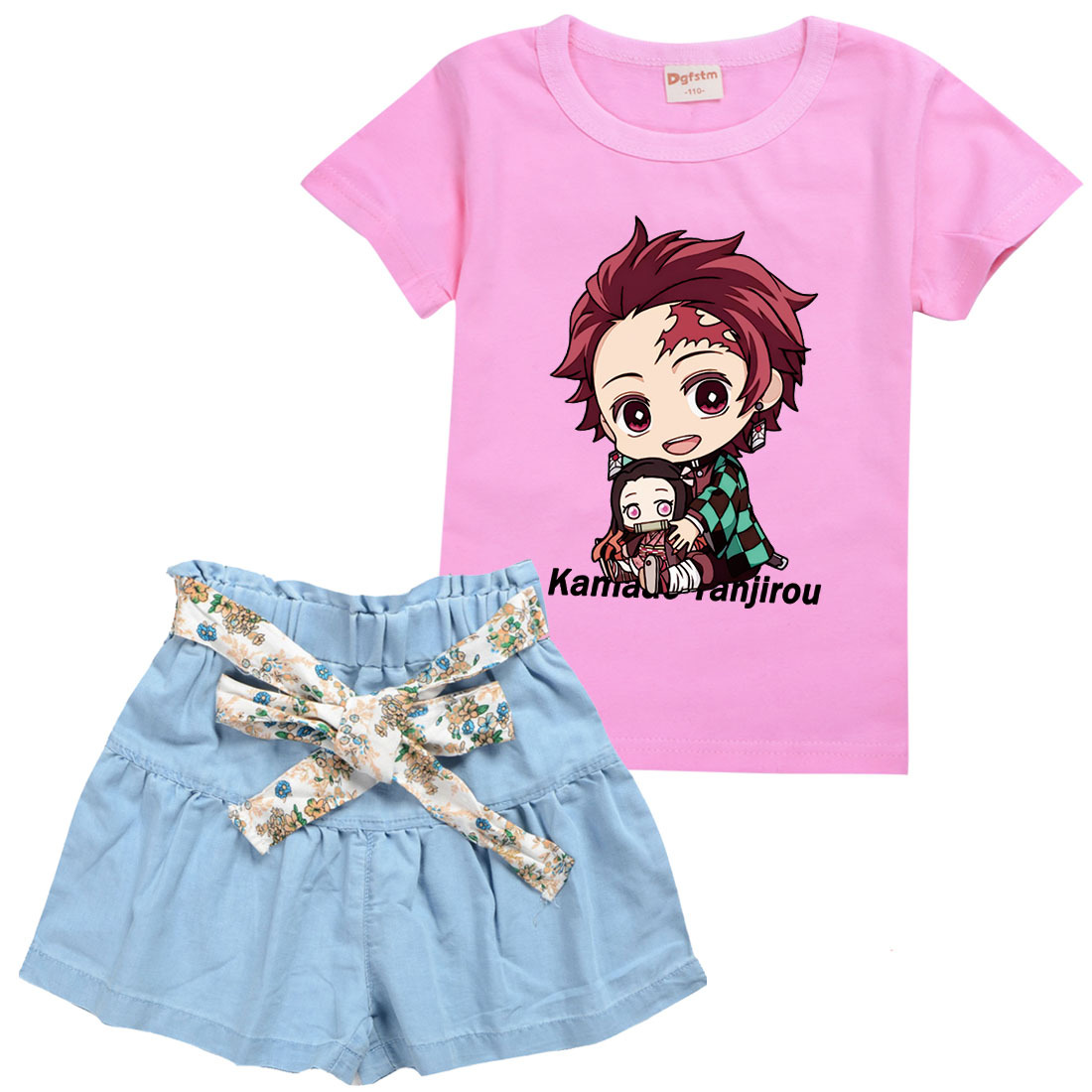 Diệt quỷ cứu nhân Skort bộ áo phông Cho Trẻ Em ngắn tay cho bé gái Phim Hoạt Hình Girlbaby 2-15 Yrs Bowknot quần bò ngắn Và Tops Mùa Hè quần áo trẻ em Cotton + Polyester 0000