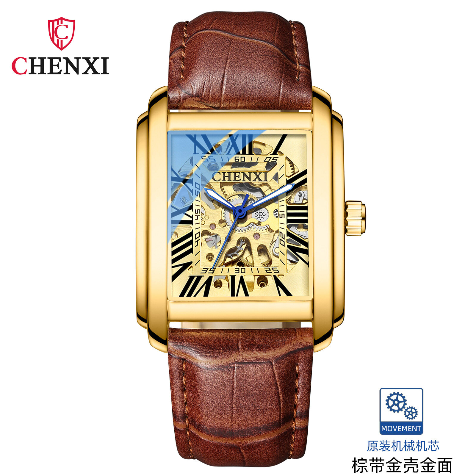 Chenxi CX-8816 Da Vuông Rỗng Không Thấm Nước Tự Động Cho Nam Đồng Hồ Cơ