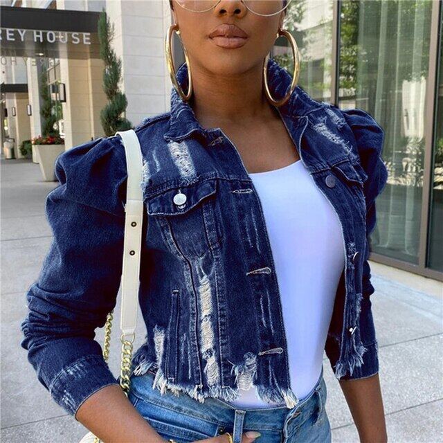 plus size puff sleeve denim jacket