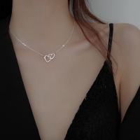 RAISS 925 Sterling Silver Necklace Women Shiny Double Heart Love Heart Clavicle Chain Zircon Simple Fashion Ladies Friendship Necklace Party Gift Collar Jewelry