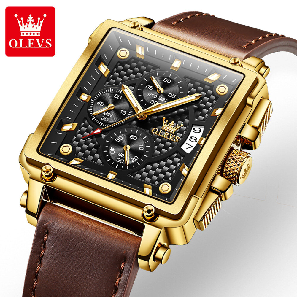 OLEVS 9925 Quartz Waterproof Men Wristwatches Multifunctional Luxury Rectangle Sport Genuine Leather Strap Watch For Men