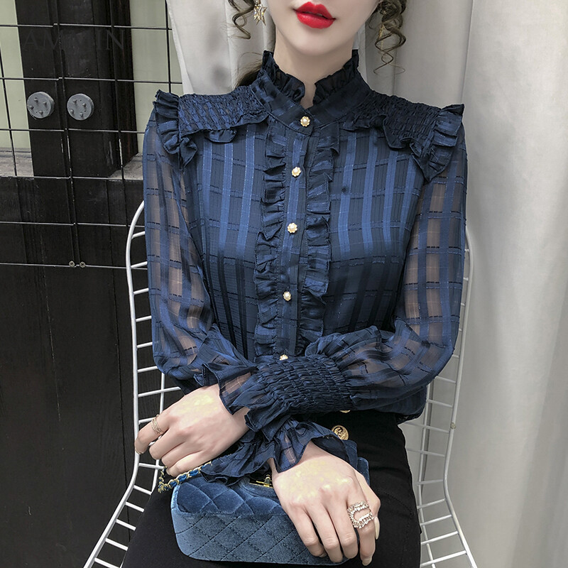 AMMIN Áo Cardigan Cổ Tròn Thiết Kế Thêu Bèo Nhún Cá Tính Phong Cách Hàn Quốc Áo Cánh Thanh Lịch Áo Voan Kẻ Ca Rô Màu Xanh Dương Bí Ẩn Mới Mùa Thu 2021 Cho Nữ, Áo Hot Ins