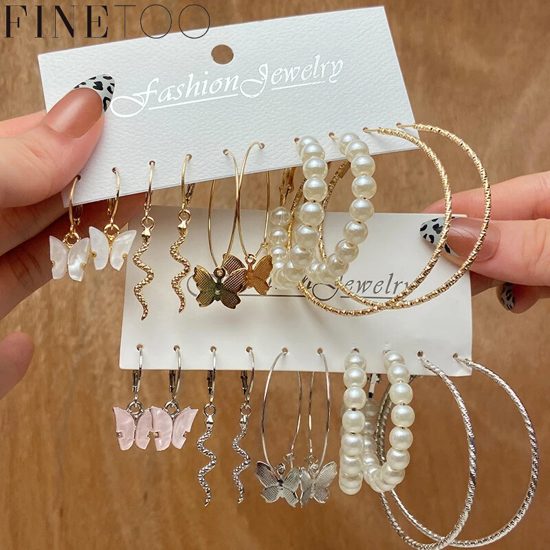FINE TOO 5 Cái/bộ Bộ Bông Tai Bạc Vàng Ngọc Trai Thời Trang Bông Tai Cá Tính Hình Bướm Rắn Cho Phụ Kiện Nữ Trang Sức
