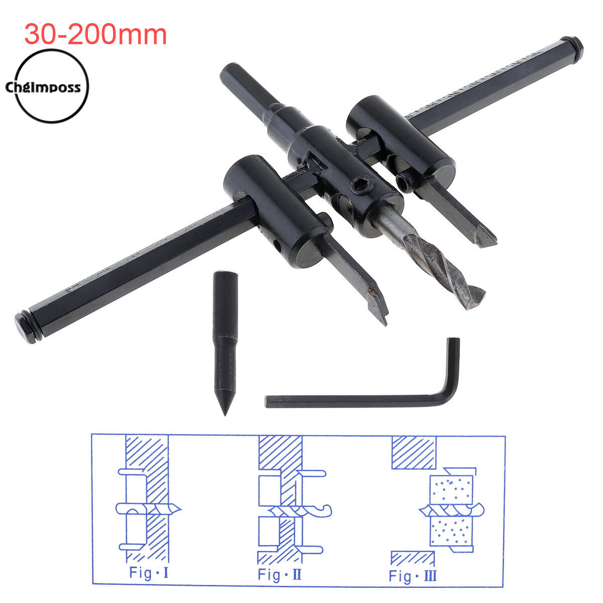ChgImposs 30Mm-200Mm Dao Cắt Lỗ Tròn Màu Đen Có Thể Điều Chỉnh Bộ Dụng Cụ Chế Biến Gỗ Lỗ Kim Loại