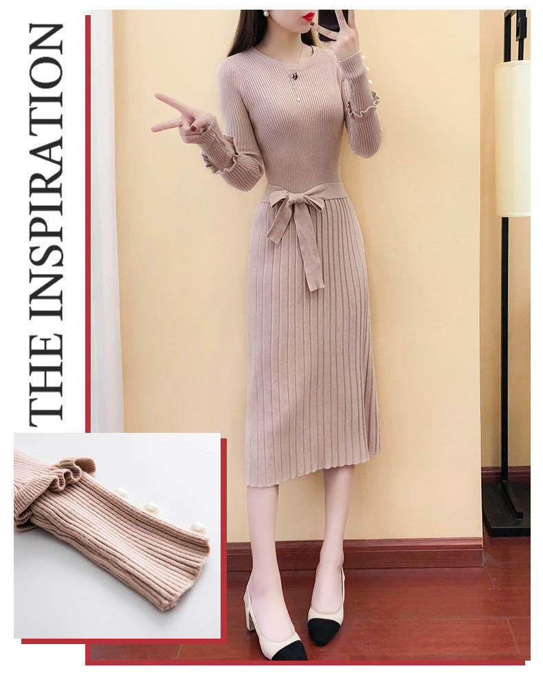 2020 spring new women's long knitted dress long sleeve sweater dress autumn and winter base wool skirt