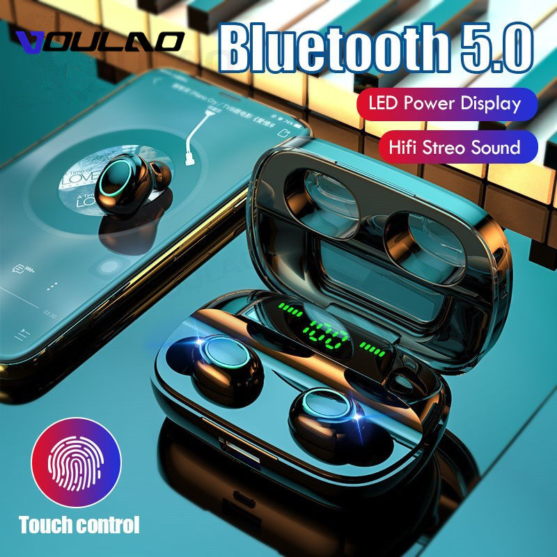 VOULAO Bluetooth 5.0 Earphones Wireless Headphone Power Display Touch Control Sport Stereo Earbuds Headset With 3500 mAh Charging Case ราคา 401 บาท*ส่งฟรี