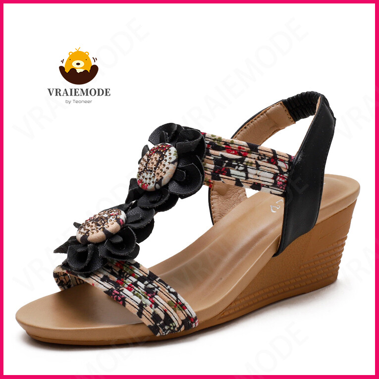 Nêm giày sandal nữ vintage in hoa nền tảng giày sandal nhẹ co giãn dép nữ giày sandal 5 cm 2 inch vraiemode 2024