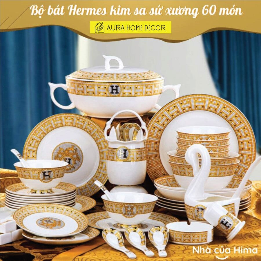 Bộ bát đĩa sứ ☘𝘾𝘼𝙊 𝘾𝘼̂́𝙋☘ 60 món hoàng gia hermes kim sa dát vàng thật 24k cao cấp - hàng loại 1 - ảnh thật