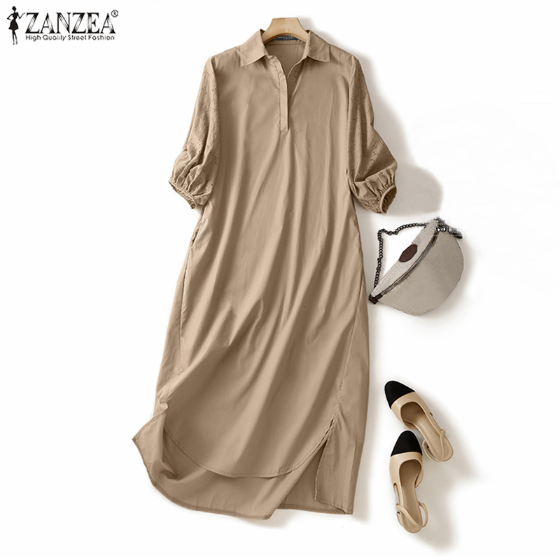 Momonaco zanzea đầm tay ngắn áo cổ lật cho nữ đầm xẻ bên hông nửa xẻ váy midi #2
