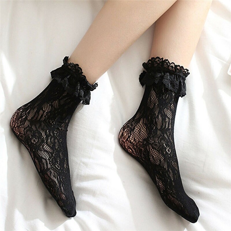[HOT W] Sweet Ruffles Frilly Lace Socks Women Black White Fishnet Lace Ankle Short Tube Socks