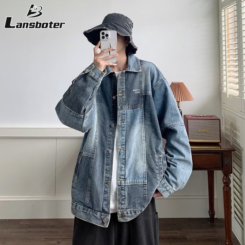 Lansboter Màu Retro Độ Tương Phản Rửa Cũ Áo khoác Denim Người Đàn Ông Và Phụ Nữ Lỏng Lẻo Thiết Kế Nối Áo Khoác