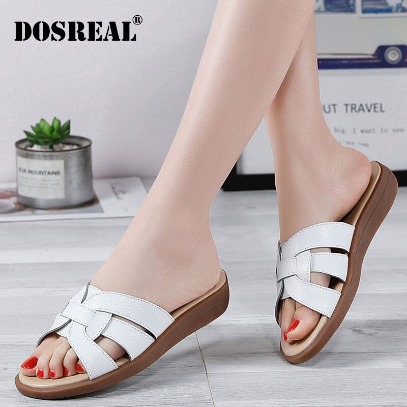 DOSREAL Summer Shoes Women Leather Sandals For Women Soft Sole Beach Slipper Korean Outdoor Flat Sandals White Women Shoes Slides ราคา  442 บาท*ส่งฟรี