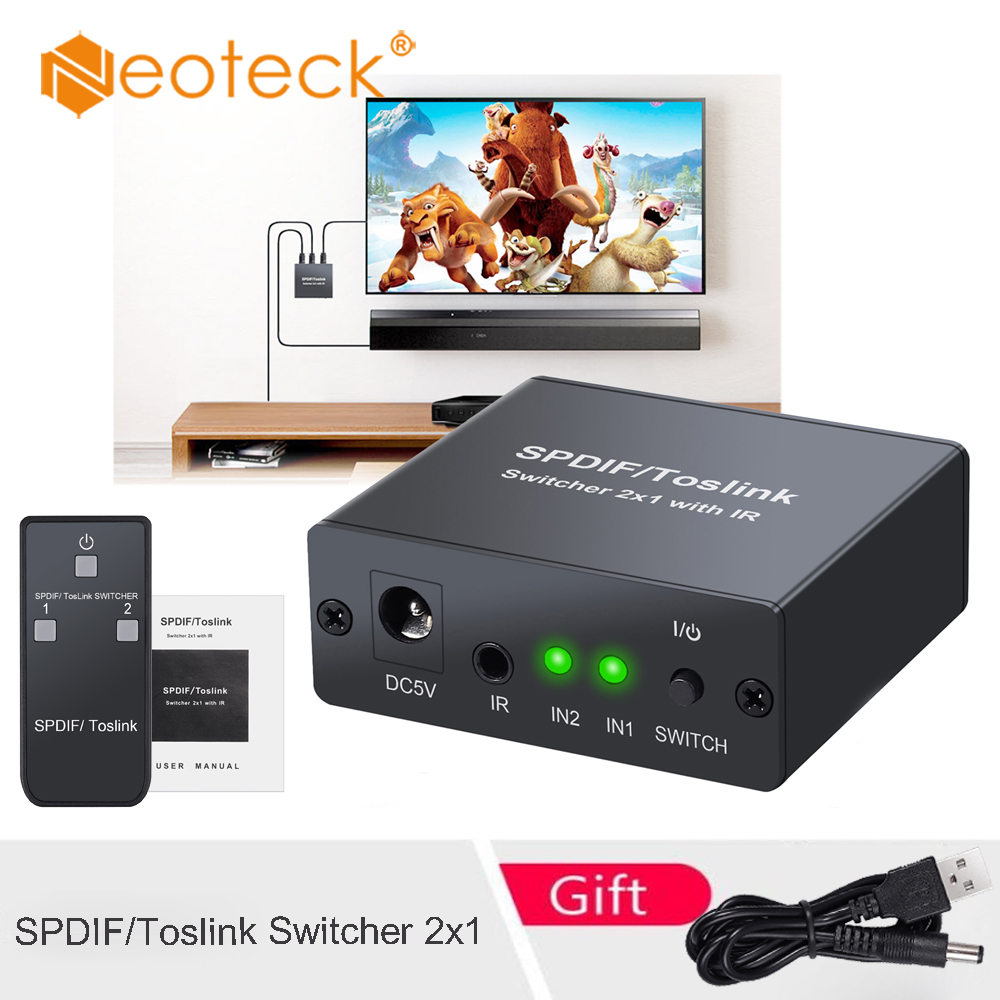 Neoteck spdif/toslink switcher 2x1 có điều khiển hồng ngoại từ xa quang spdfi toslink chuyển mạch 2 đầu vào một đầu ra hỗ trợ lpcm2.0 dts