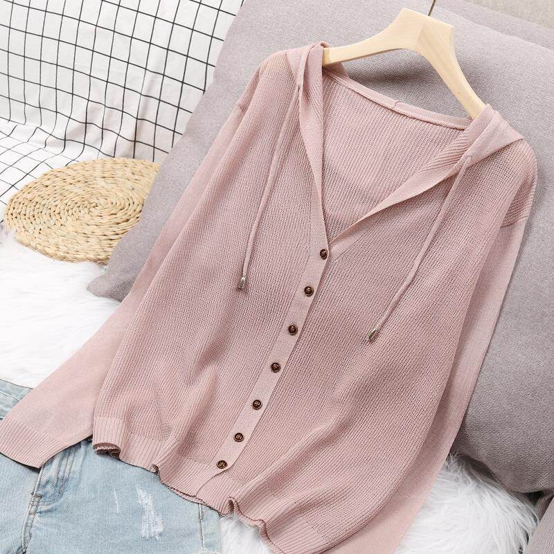 Áo Khoác Cardigan Nữ Dệt Kim Dài Tay Trang Phục Thời Trang Mới 2021 Áo Khoác Cardigan Nữ Có Mũ Bằng Lụa Lạnh Mỏng Chống Nắng Khoét Lỗ