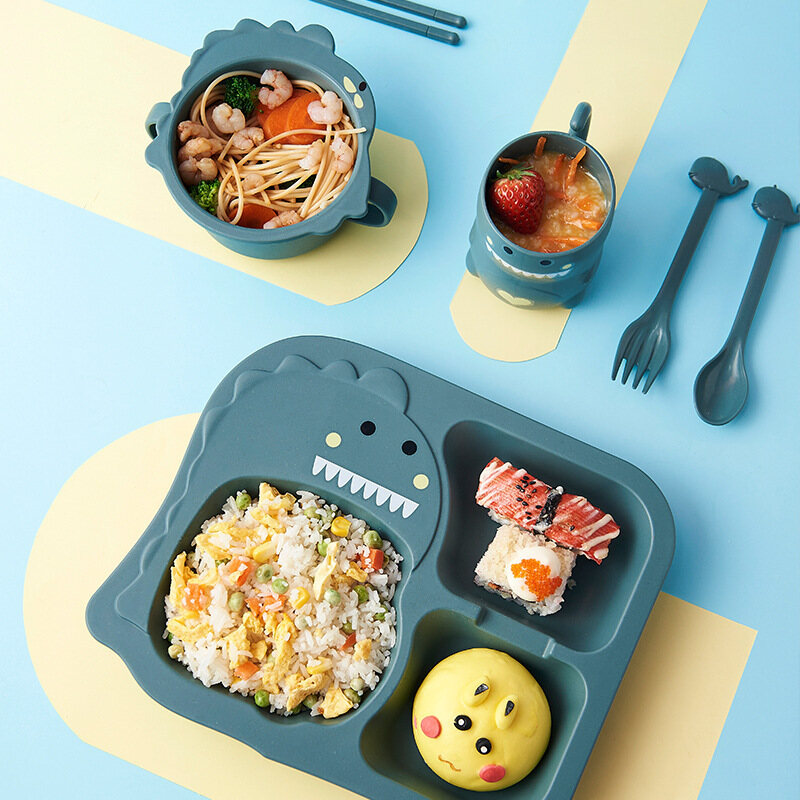 REBOO Bộ 6 Món Bộ Đồ Ăn Bằng Tre Cho Bé, Đĩa Ăn Khủng Long Hoạt Hình Sáng Tạo Bát Trẻ Em /Cốc/Nĩa /Quà Tặng Muỗng Eet