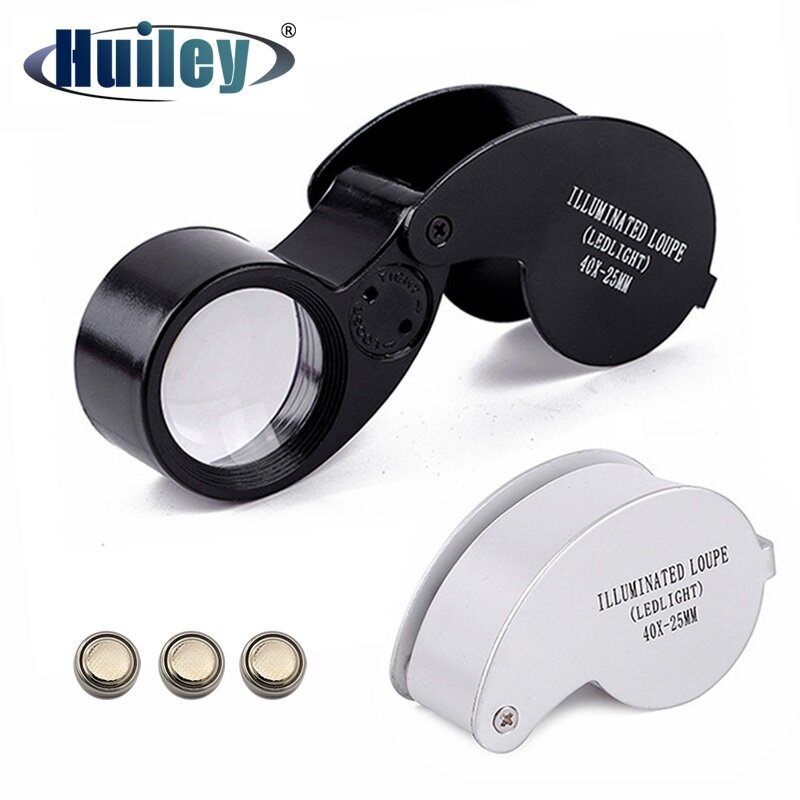 Kính lúp mini trang sức 40x kính lúp 2 đèn led có thể gập lại kính lúp chiếu sáng có túi đường kính 25mm để đánh giá cao ngọc bích