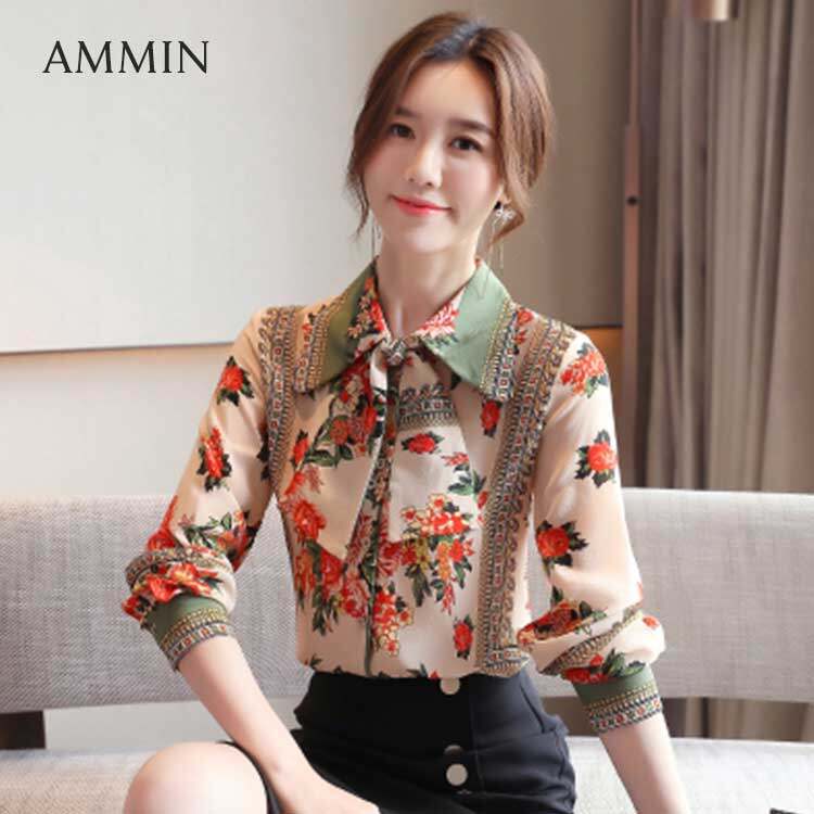 Áo Sơ Mi Lụa Hoa AMMIN Cho Nữ, Áo Kiểu Công Sở Thường Ngày Dài Tay In Họa Tiết, Phong Cách Hàn Quốc Kiểu Tây