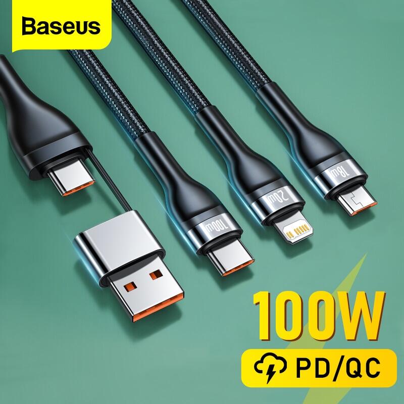 Baseus 3 in 1 Cáp USB Type C PD 100W Ngày Sạc Nhanh Cho iPhone 13 12 11 Pro Dây Micro USB C Dây Macbook Xiaomi