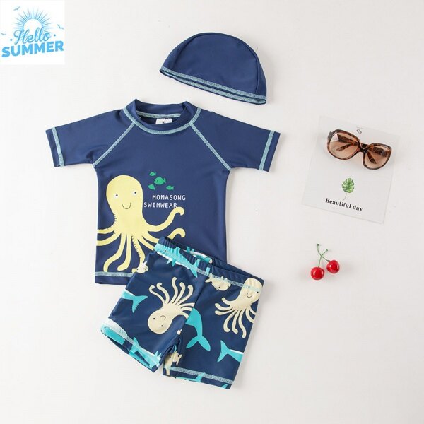 New Boys Swimsuit Octopus Crab Swimwear Owl Boys UPF50 Short Sleeve Toddler Boy Swimming Wear 3 pcs Bathing Suit Child 3-8T ราคา  515 บาท*ส่งฟรี