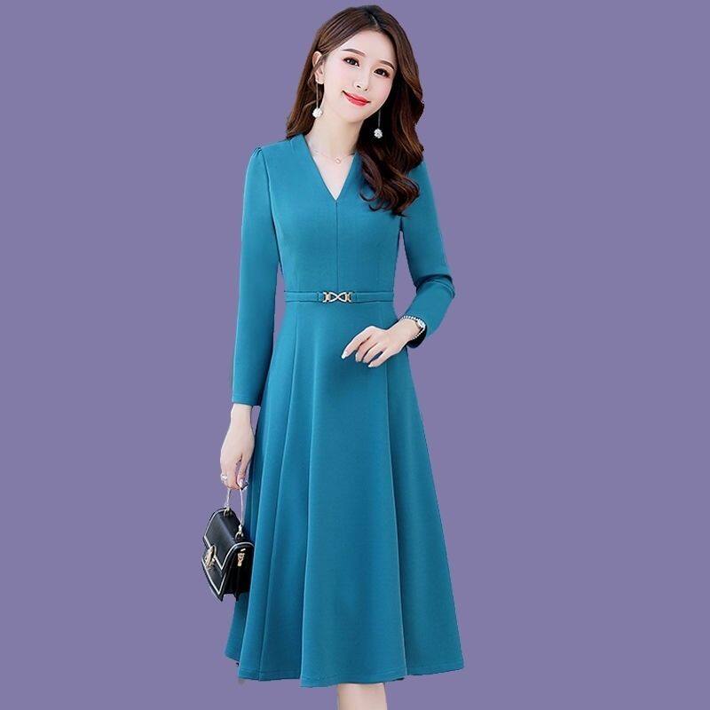 Tuổi-Giảm Mùa Xuân Dài-Tay Của Phụ Nữ Trên-The-Váy Ngang Gối V-Cổ Xòe Cỡ Lớn Váy Ôm