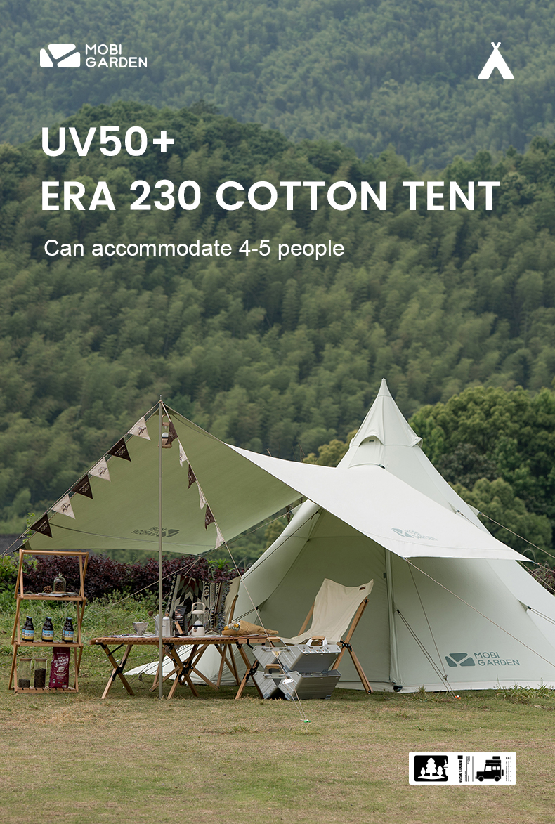 MOBI GARDEN Camping Cotton Pyramid Tent 2-3 Person Family Canvas Tent Tower A Waterproof · v43