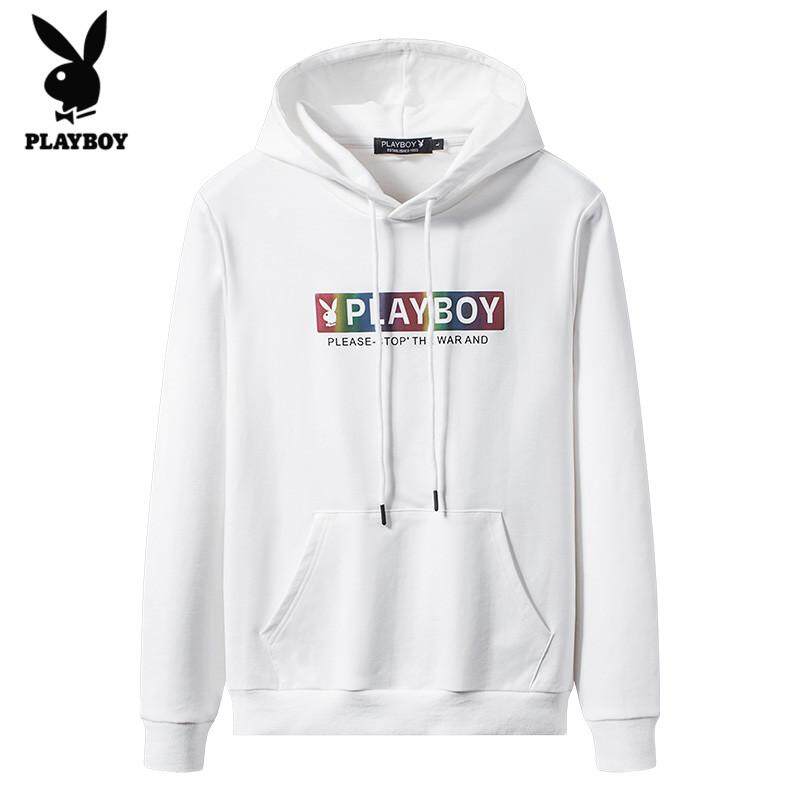 PLAY BOY แฟชั่น Mens โลโก้ที่มีสีสันคู่มีหมวกสเวตเชิร์ตลำลองบางส่วนกระเป๋าขนาดใหญ่ยี่ห้อ Mens Tops(M-4XL)