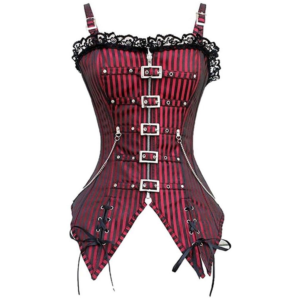 Womens Sexy Steampunk Corset Bustier Black Red Buckle Chain Zip Lace Up Back Lingerie Waist Cincher Gothic Corsets