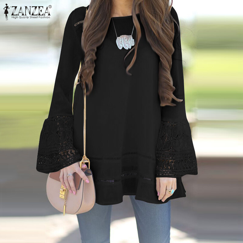 Tay Chuông Nữ ZANZEA Áo Cánh Chắp Vá Ren Khoét Lỗ Rắn Áo Sơ Mi Tee Casual Loose Tops