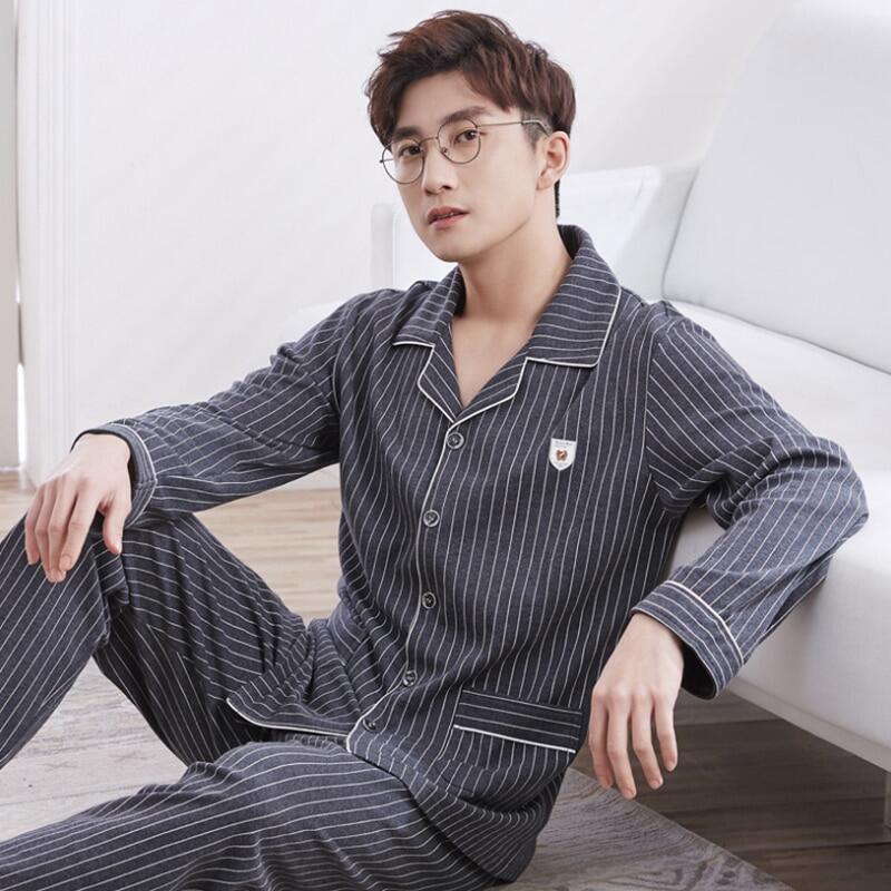 Áo ngủ nam dài tay áo kẻ sọc đồ ngủ nam bông đồ ngủ mùa thu đồ ngủ nam kẻ sọc đồ ngủ giản dị đồ ngủ cộng với kích thước MMMM001