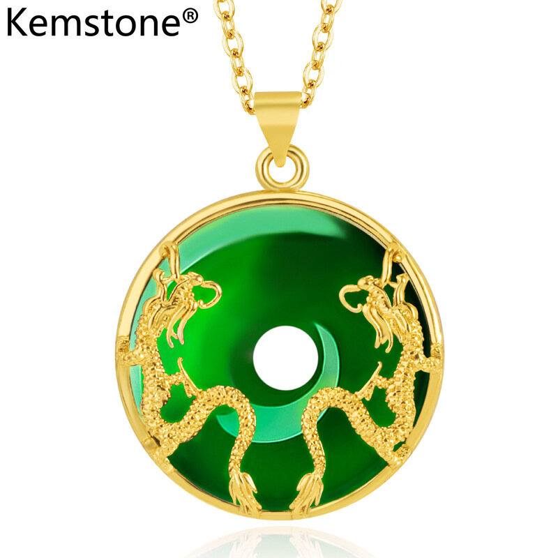 Kemstone 24K Gold Plated Green Imitation Jade Double Dragon Pendant Chain Neckalce Jewelry for Women ราคา 172 บาท*ส่งฟรี