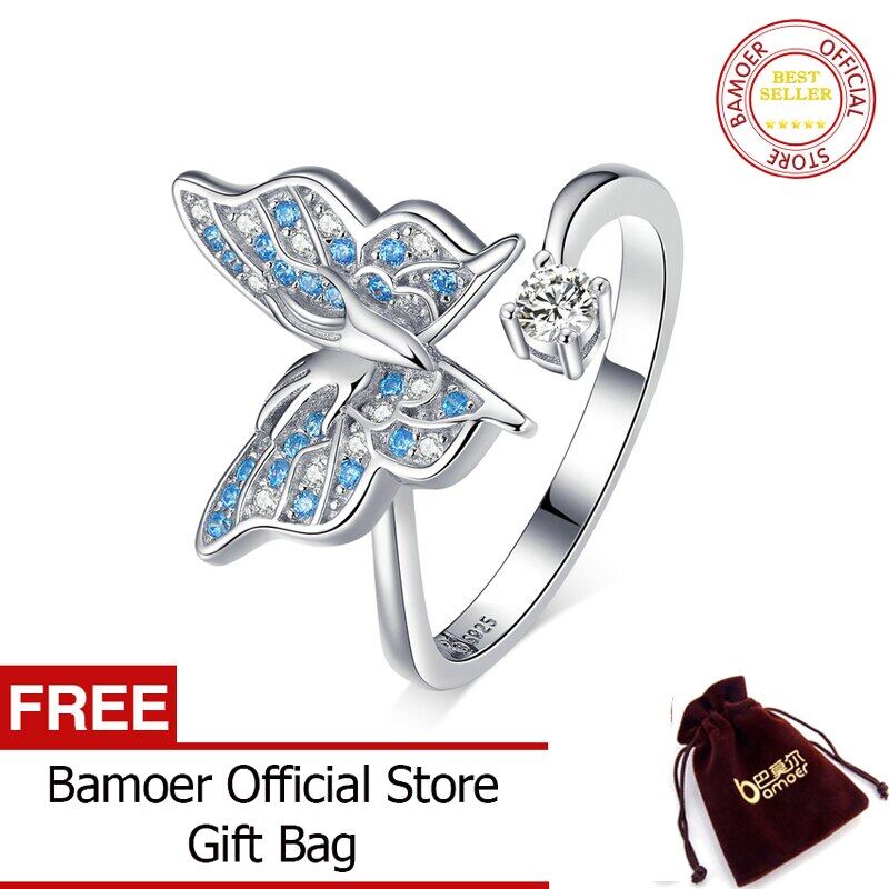 BAMOER Nhẫn Đeo Tay Hở Điều Chỉnh Được Hình Bướm Bay Bằng Bạc Ý 925 Cho Nữ Trang Sức Đính Hôn Đính Đá CZ Màu Xanh Dương BSR098